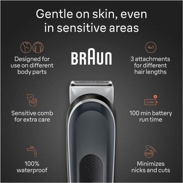 Braun Body Groomer 5 for Men, BG5340, Manscaping Tool, SkinShield Technology, Sensitive Comb, Lifetime Sharp Metal Blade, Body Groomer for Men, Gray/White - Image 4