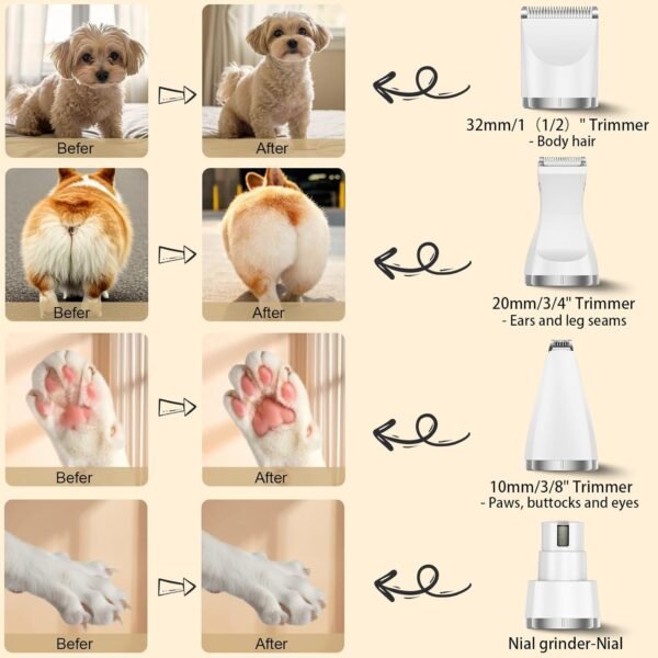 Dog Clippers Grooming Kit, 4 in 1 Cordless Dog Hair Trimmer Pet Grooming Kit Low Noise, Waterproof and Washable, Rechargeable Pet Trimmer Set for Small Dogs & Cats, Paws, Ears, Face, Rump - Image 3