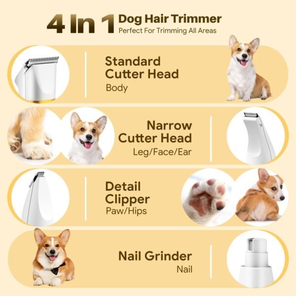 Small Dog Grooming Kit, 4 in 1 Electric Cordless Dog Paw Trimmer with Nail Grinder, Low Noise Dog Nail Trimmers, IPX7 Waterproof Small Dog Grooming Clippers for Paws, Ears, Face, Hip Hairl - Image 3