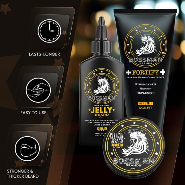 Bossman Essentials Beard Kit for Men - Beard Oil Jelly, Fortifying Conditioner Cream, Beard Balm - Grooming Growth Care Accessories (Gold) - Image 9