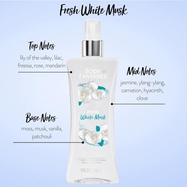 Body Fantasies Signature Fragrance Body Spray, Fresh White Musk, 8 Fluid Ounce - Image 3