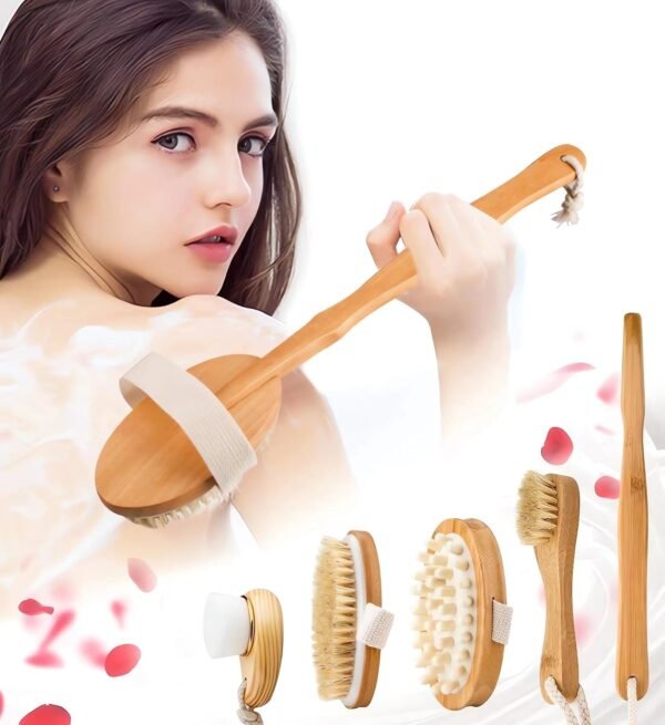 Premium Dry Brushing Body Brush Set for Lymphatic Drainage and Cellulite Treatment, Boar Bristle Long Handle Face Cleansing Brush for A Glowing Skin, 5 Pack - Image 2