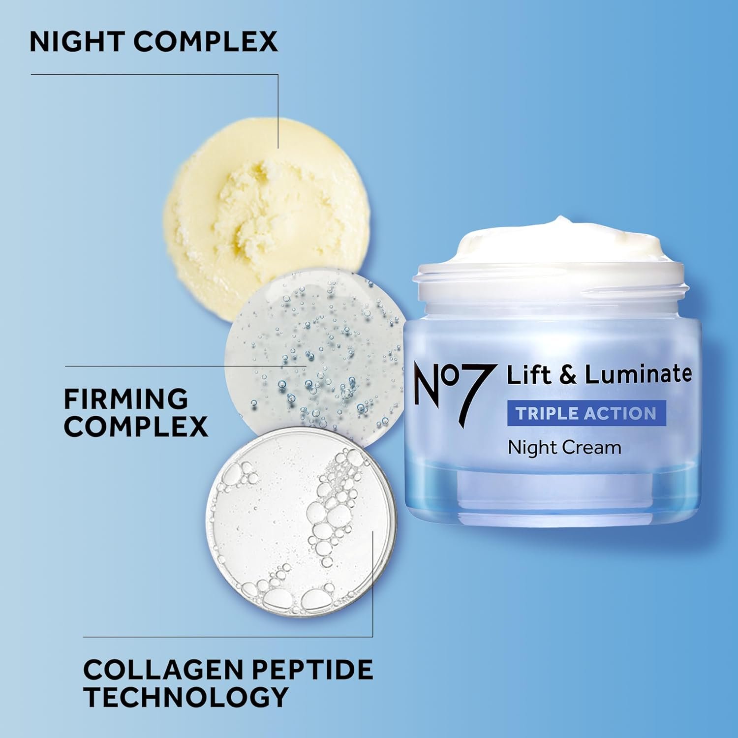 No7 Lift & Luminate Triple Action Night Cream - Anti-Wrinkle, Collagen Peptide Moisturizer with Skin Firming Hyaluronic Acid & Hibiscus - Helps Even Skin Tone for a Radiant Complexion (1.7 Fl Oz) - Image 7
