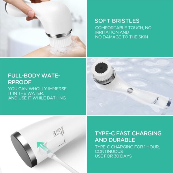 VOYOR Facial Cleansing Brush Rechargeable, Spin Face Brush Waterproof 5-in-1 Body Brush Set for Deep Skin Cleansing, Gentle Exfoliating and Massaging FB500 (White) - Image 6