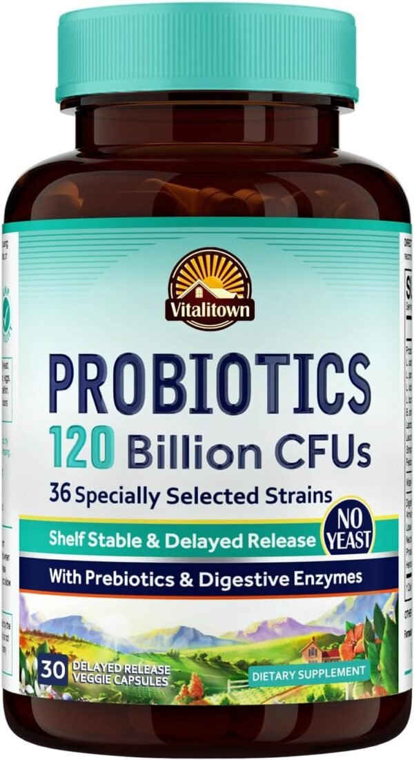 VITALITOWN Probiotics 120 Billion CFUs | 36 Strains, with Prebiotics & Digestive Enzymes for Men Women | Shelf Stable | Digestive Health & Immune Support | Vegan, Non-GMO | 30 Delayed Release Veg Caps - Image 2