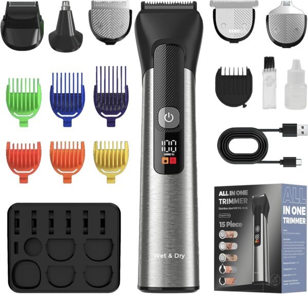 Beard Trimmer for Men, Waterproof Electric Razor, Face, Body, Ear, Nose, Hair and Mustache Trimmer and Hair Clipper, 15 Piece Rechargeable Mens Grooming Kit, Gifts for Him - Image 2