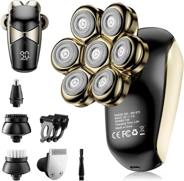 Detachable Head Shavers, SHPAVVER 5 in 1 Electric Razor IPX7 Waterproof for Bald Men, Wet Dry LED Display Rechargeable 7D Rotary Shaver Grooming Kit with Type C Charge A，Gold - Image 2