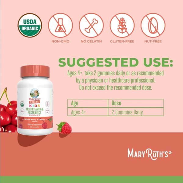 MaryRuth Organics Kids Vitamins | USDA Organic | Multivitamin Gummies + Postbiotics for Ages 4+ | Lactobacillus Rhamnosus | Vegan | Non-GMO | 60 Count - Image 4