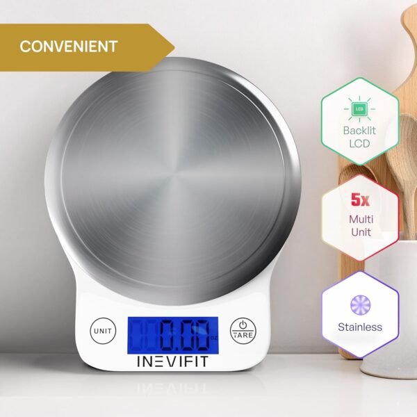 INEVIFIT Digital Kitchen Scale, Highly Accurate Multifunction Food Scale 13 lbs 6kgs Max, Clean Modern White with Premium Stainless Steel Finish. Includes Batteries - Image 4