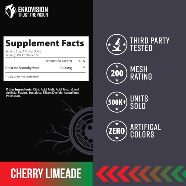 Ekko Creatine Monohydrate Powder, Micronized, Cherry Limeade, Pre Workout & Post Workout Supplement for Men and Women, Energy Support, Easy to Mix in Shakes, Smoothies & Beverages, 50 Servings - Image 4