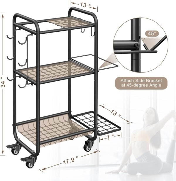 Weight Rack for Home Gym, All in One Yoga Mat Storage Rack, Workout Equipment Storage with Wheels and Hooks for Dumbbells Kettlebells Foam Rollers, Powder Coated Finish Steel - Image 4