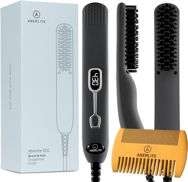 Aberlite EDC - Premium Beard Straightener Brush - Professional Heated Straightening Comb and Grooming Kit for Men (Gray) - Image 2