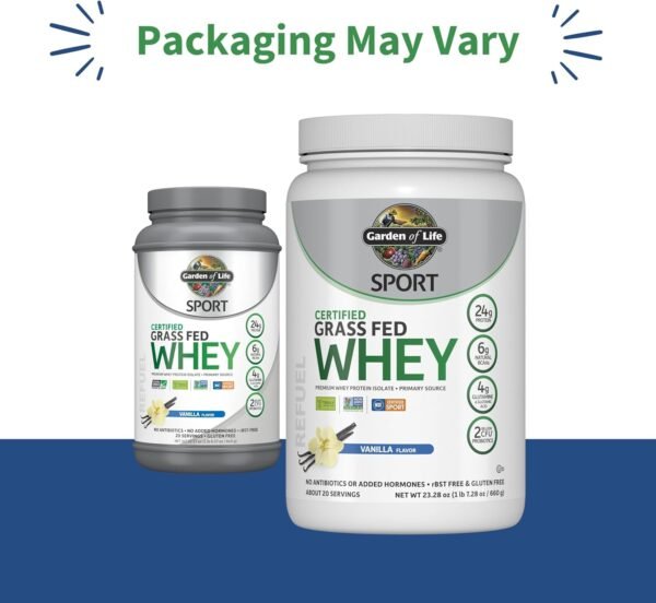 Garden of Life SPORT Whey Protein Powder Vanilla., Premium Grass Fed Whey Protein Isolate plus Probiotics for Immune System Health, 24g Protein, Non GMO, Gluten Free., Cold Processed - 20 Servings - Image 3
