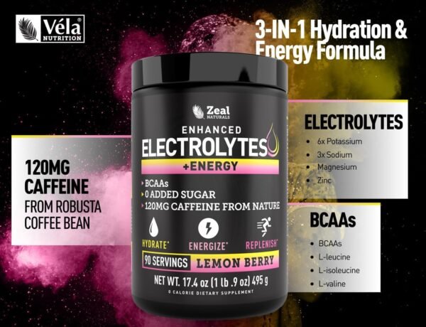 Pre-Workout Electrolyte + Energy Powder Drink Mix (90 Servings | Lemon Berry) w/ 0 Sugar +BCAAs +B-Vitamins Electrolyte Supplement w Potassium Zinc & Magnesium for Hydration - Keto Electrolytes - Image 7