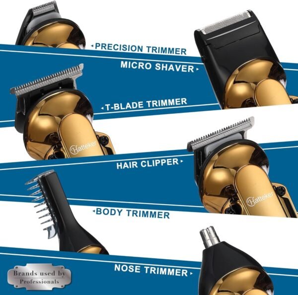 Beard Trimmer for Men, 6-in-1 Cordless Hair Clipper & Electric Razor, Zero-Gapped T-Blade, Waterproof Nose, Ear, Beard & Body Grooming Kit with LED Display, Professional Shaver (Gold) - Image 7