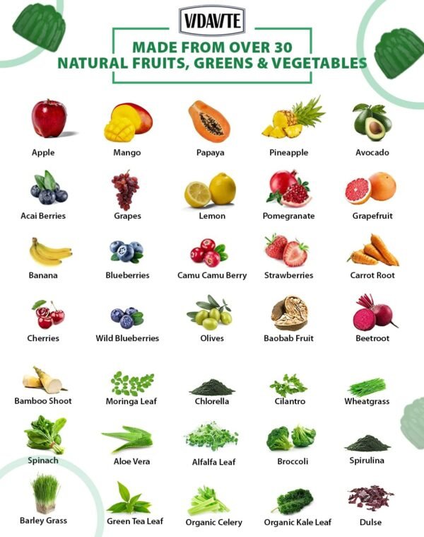 Sugar-Free Fruit and Veggie Gummies — 35+ Greens, Fruit and Vegetable Vitamins to Boost Immunity, Skin & Gut Health — Ideal Fruit and Vegetable Supplement for Adults & Kids (60 Gummies) - Image 4
