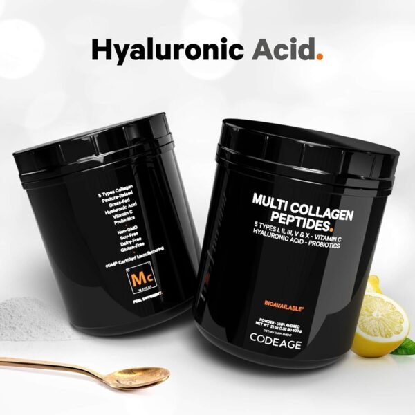 Codeage Multi Collagen Peptides + Probiotics Black Edition, Vitamin C, Hyaluronic Acid Powder Supplement, Grass-Fed, Pasture-Raised, Hydrolyzed, Zero Carbs, Type I, II, III, V & X, Unflavored, 21oz - Image 5