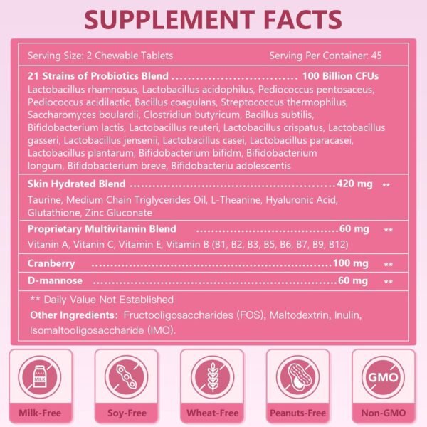 NATURE TARGET Probiotics for Women Digestive Health with 100 Billion CFUs, Womens Probiotic for Gut Health & Immune Support, Skin Care, with Cranberry & D-mannose, 90 Chewable Tablets (45 Day Supply) - Image 9