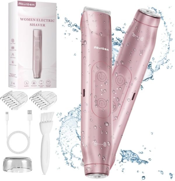 2 in 1 Women Electric Shaver Dual Head Bikini Trimmer for Women IPX7 Waterproof Wet & Dry Use Body Hair Trimmer and Facial Hair Remover for Bikini Underarm Leg Arm Body Face, Pink - Image 2