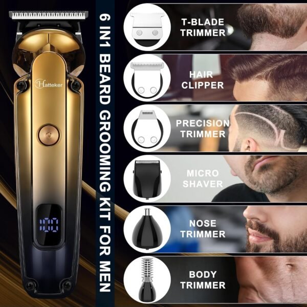 Beard Trimmer for Men, 6-in-1 Cordless Hair Clipper & Electric Razor, Zero-Gapped T-Blade, Waterproof Nose, Ear, Beard & Body Grooming Kit with LED Display, Professional Shaver (Gold) - Image 6