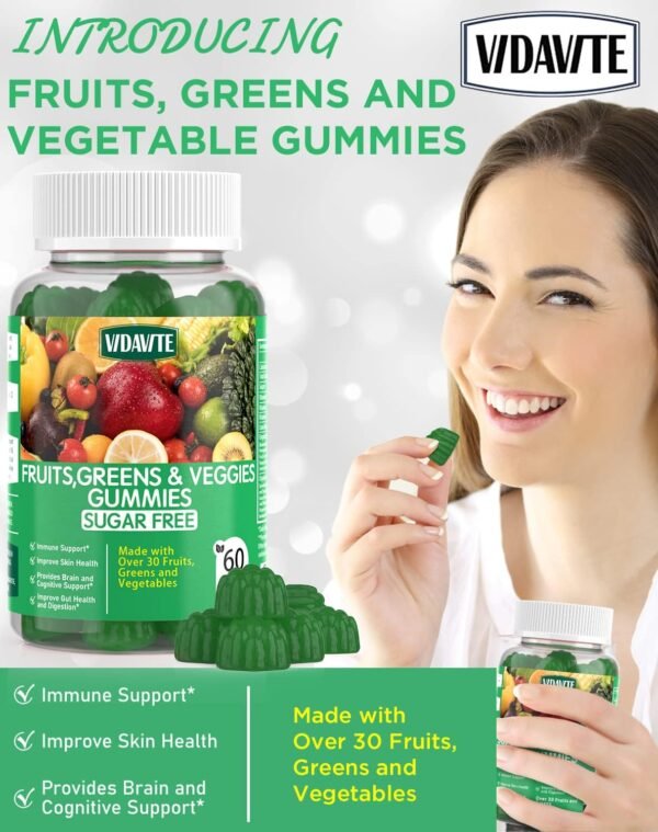 Sugar-Free Fruit and Veggie Gummies — 35+ Greens, Fruit and Vegetable Vitamins to Boost Immunity, Skin & Gut Health — Ideal Fruit and Vegetable Supplement for Adults & Kids (60 Gummies) - Image 9