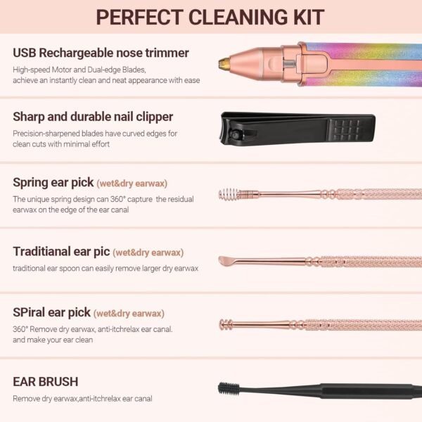 Facial Hair Removal for Women, Electric 2 in 1 Face Shaver and Eyebrow Trimmer, Ear Wax Removal Tool with Storage Box, Rechargeable Nose Hair Trimmer for Women with Built-in LED Light - Image 8