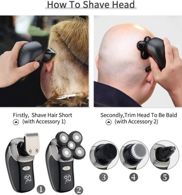 Mens Electric Bald Head Razor,Head Shaver for Bald Men Grooming Kit Wet-Dry Rotary Shavers Nose Hair Beard Trimmer Clippers Facial Cleansing Brush Cordless Waterproof USB Charging Rechargeable - Image 4