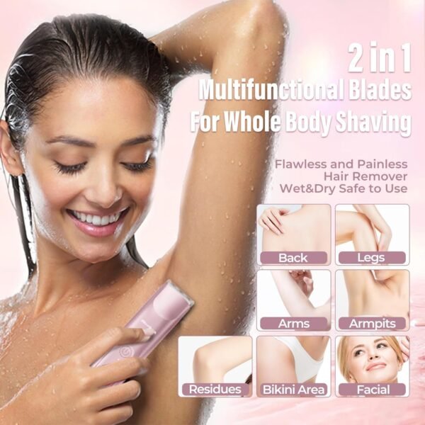 2 in 1 Women Electric Shaver Dual Head Bikini Trimmer for Women IPX7 Waterproof Wet & Dry Use Body Hair Trimmer and Facial Hair Remover for Bikini Underarm Leg Arm Body Face, Pink - Image 5