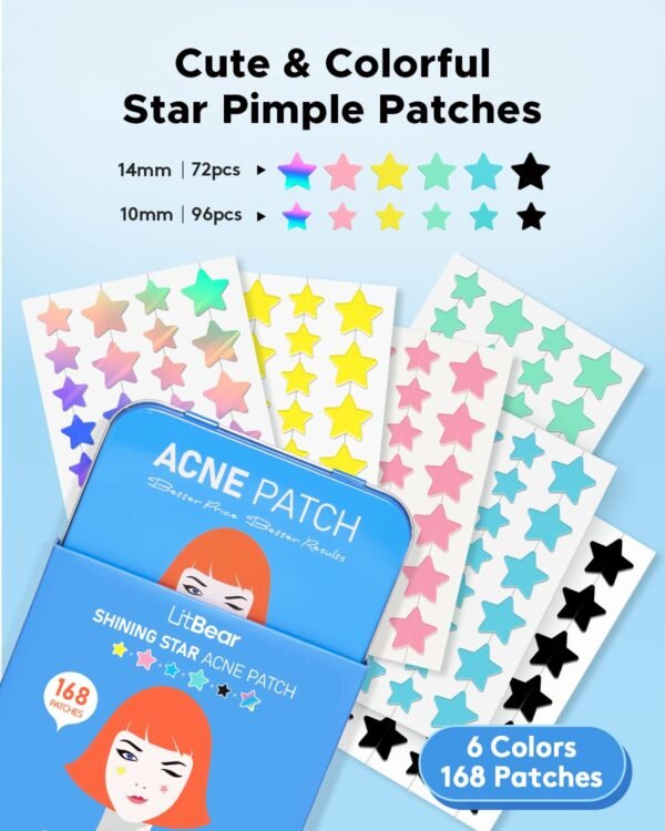 LitBear Acne Patch with Tea Tree & Centella Oil, 168 Hydrocolloid Dots in 6 Colors for Face - Cute Star Pimple Stickers - Image 3