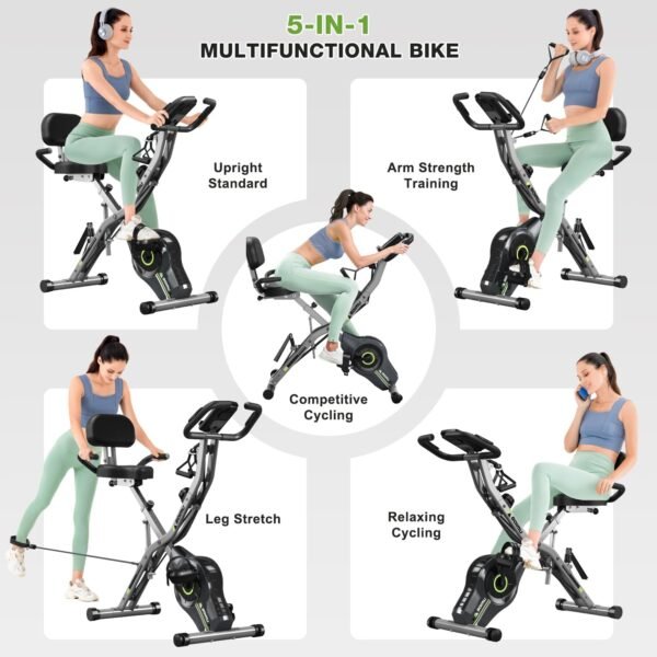 Exercise Bike, 5 in 1 Foldable Stationary Bike for Seniors, 8-Level Adjustable Magentic Resistance, Indoor Recumbent Bike with 330LB Capacity, Comfortable Seat Backrest - Image 3