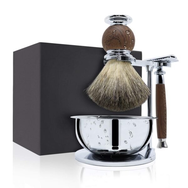 Jolitac Wet Shaving Kit For Men - Badger Hair Shaving Brush, Shaving Stand, Stainless Steel Shaving Bowl Mug, Double Edge Safety Razor, Men's Safety Razor Grooming Gift Set (Wood) - Image 2