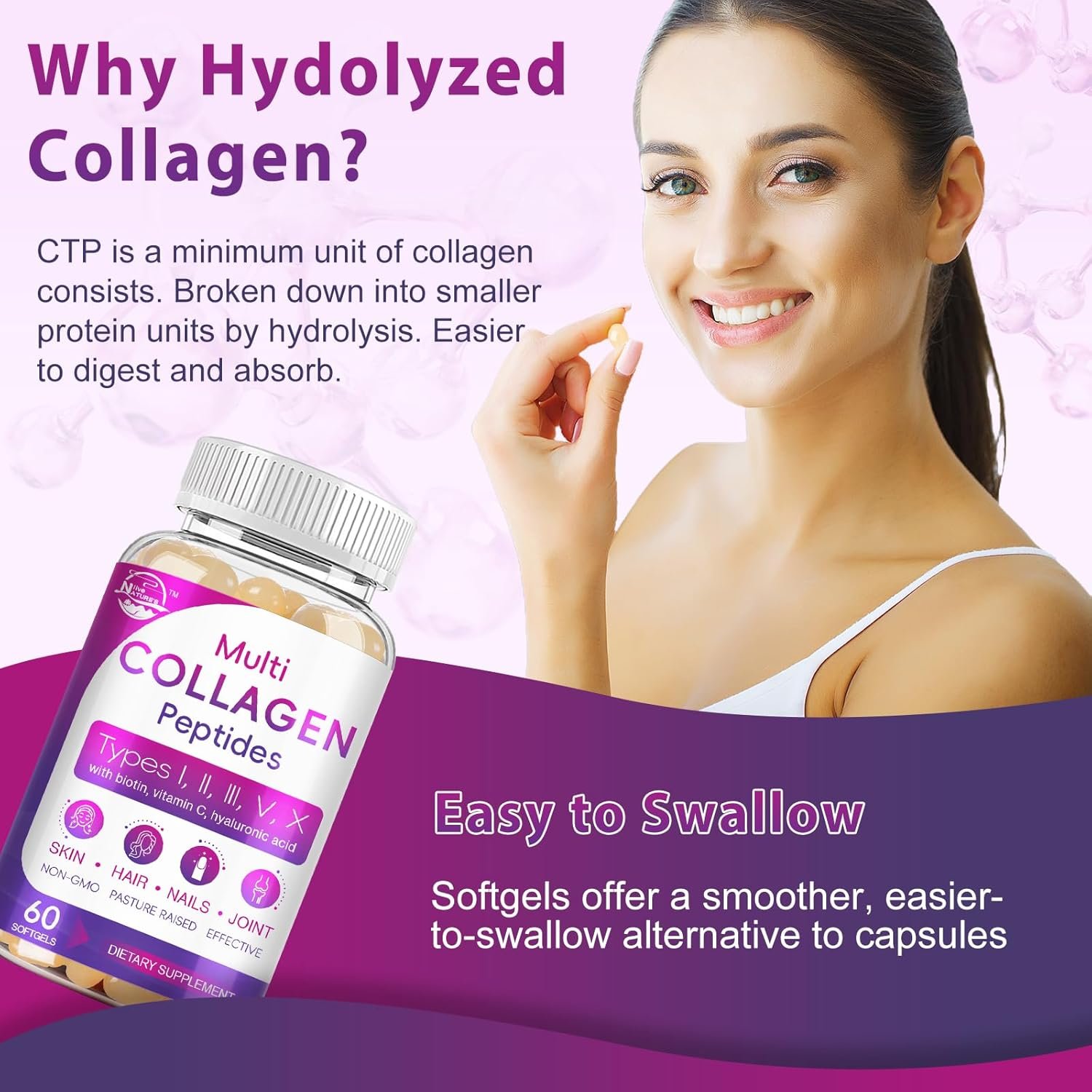 Multi Collagen Peptides Softgel - Type I, II, III, V, X - Hydrolyzed Collagen Peptides with Biotin, Vitamin C, Hyaluronic Acid, Supports Skin Hair Nail, Grass-Fed, Non-GMO, 60 Softgel, 2 Pack - Image 5