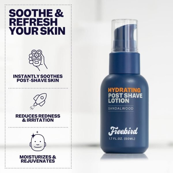 Freebird Post Shave Lotion for Men - 50mL Cooling Aftershave Gel with Natural Sandalwood Scent, Soothes, Moisturizes, and Protects Against Razor Burn, Dryness, Ideal for Sensitive Skin, Travel Size - Image 6