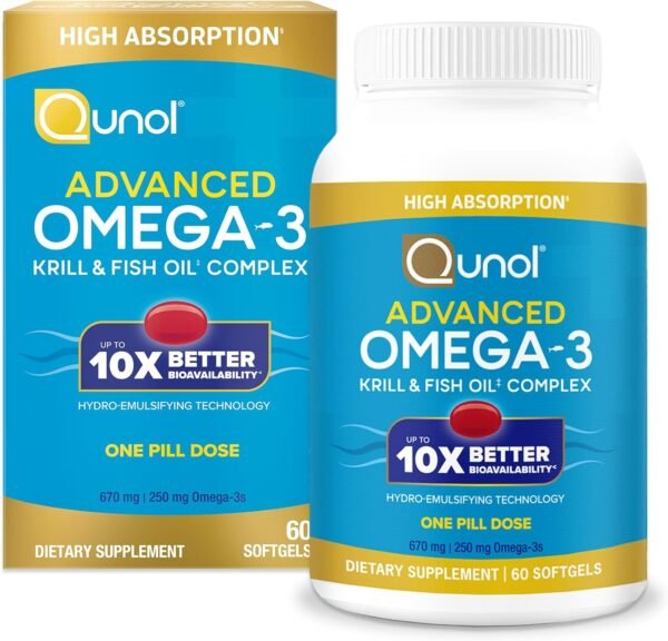 Qunol Advanced Omega 3 Krill and Fish Oil Complex, 10x Better Bioavailability, One Pill Dose, 250mg EPA & DHA, Supports Brain, Eye, Heart and Joint Health, 60 Count - Image 2
