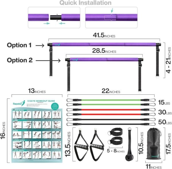 Pilates Bar Kit with Resistance Bands - Home Gym Equipment - Workout Equipment for Women and Men - Pilates Equipment with Adjustable Resistance Bands - Image 3