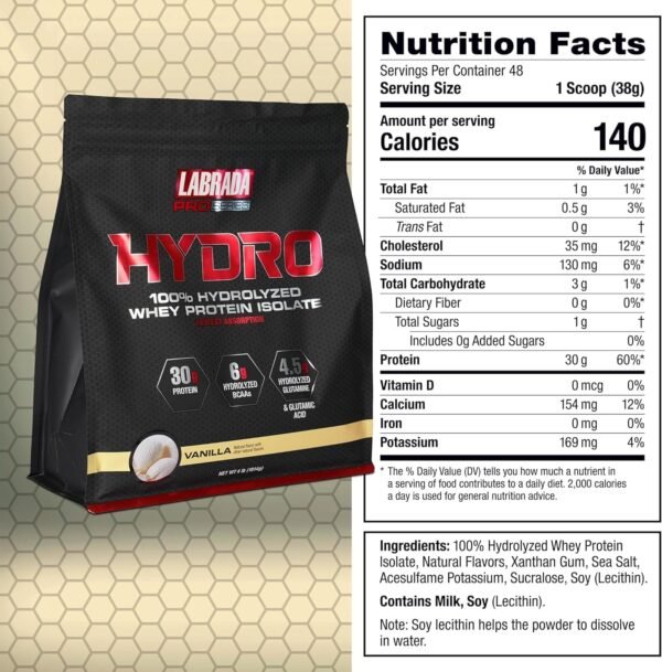 Labrada Hydro 100% Pure Hydrolyzed Whey Protein Isolate Powder, Lactose Free, Glutamine, Fastest Digesting Whey Available, Instant Mixing, Delicious Taste 48 Servings 4lb (Vanilla) - Image 7