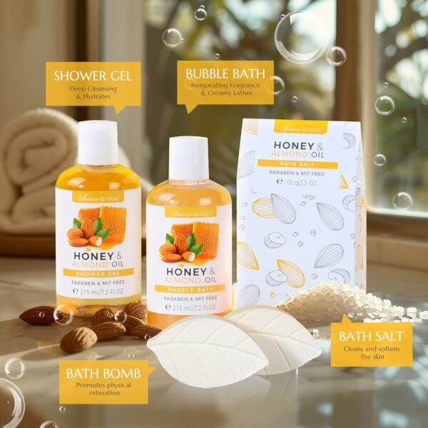 Bath Spa Gift Basket, Bath & Body Gift Set for Women & Men, Includes Shower Gel, Bubble Bath, Bath Salt, Bath Sponge, Spa Gift Box for Mother's Day, Birthday, Wedding, Honey & Almond 8pcs - Image 4