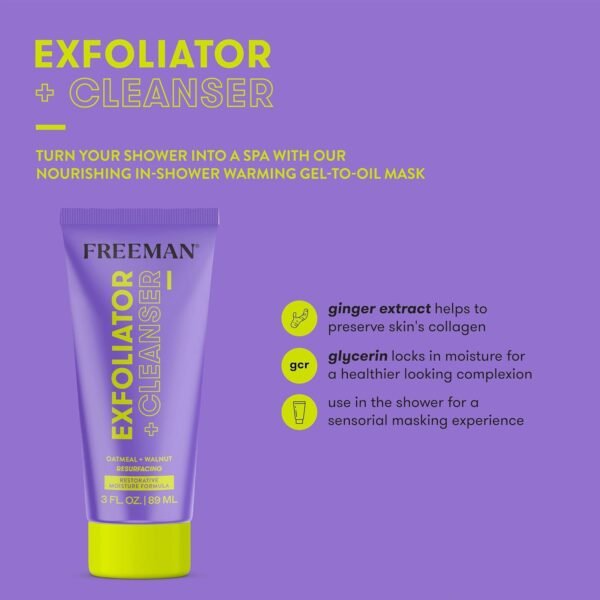 Freeman Exfoliator + Cleanser, Exfoliating Face Wash Infused With Oatmeal & Walnut Shell Powder, Dual-Purpose Cleanser & Face Scrub Removes Dry Skin, Revives Dry Skin, 3 fl.oz./ 89 mL Tube - Image 3