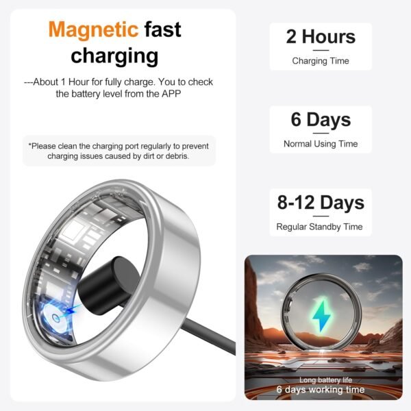 Smart Ring, Heart Rate/Sleep/Blood Oxygen Monitoring, Step Count, Wearable Fitness Tracker, APP Bluetooth Connected, IP68 Waterproof,Silver (Size 9) - Image 8