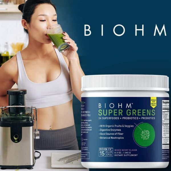 BIOHM Super Greens, Green Superfood Powder (8.5 Oz, 30 Servings) Antioxidant Veggie Powder & Smoothie Mix, 34 Superfoods & Spirulina, Digestive Enzymes, Prebiotics and Probiotics, Mixed Berry Flavor - Image 9