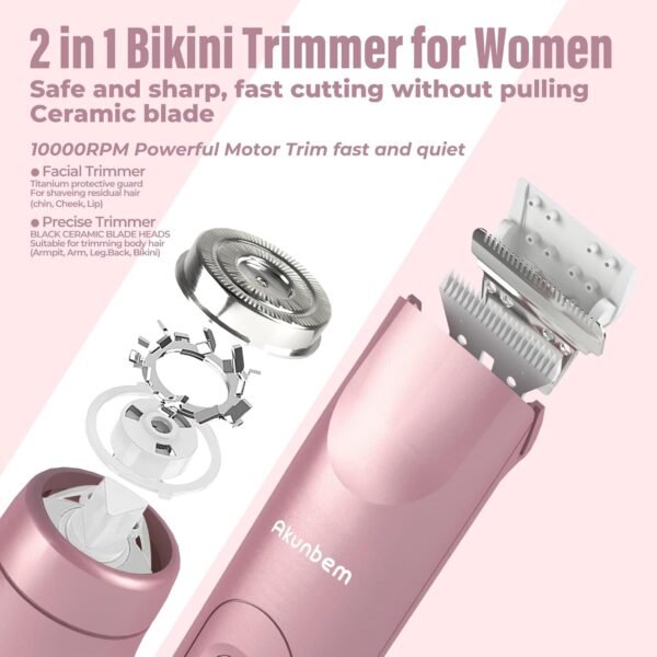 2 in 1 Women Electric Shaver Dual Head Bikini Trimmer for Women IPX7 Waterproof Wet & Dry Use Body Hair Trimmer and Facial Hair Remover for Bikini Underarm Leg Arm Body Face, Pink - Image 3