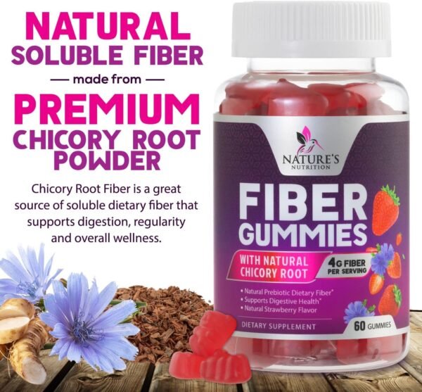 Fiber Supplement Gummies for Digestive Health & Regularity Support, Fiber 4g Gummy for Adults, Daily Prebiotic Supplements, Natural Prebiotic Fiber Gummy, Plant Based, Strawberry Flavored - 60 Gummies - Image 4
