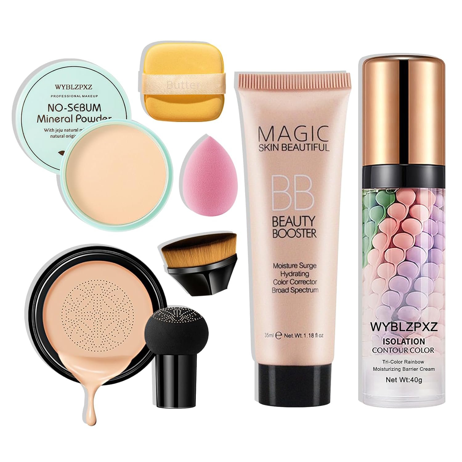 Mushroom Head Air Cushion CC Cream + BB Cream + Tri-color Color Corrector Isolation Cream Foundation Set Moisturizing Full Coverage Foundation Concealer Lasting Foundation Makeup Base Primer(7 Pcs) - Image 2