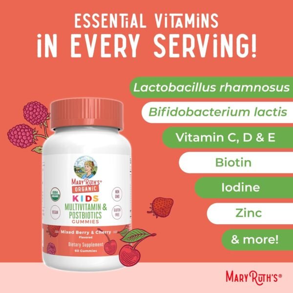 MaryRuth Organics Kids Vitamins | USDA Organic | Multivitamin Gummies + Postbiotics for Ages 4+ | Lactobacillus Rhamnosus | Vegan | Non-GMO | 60 Count - Image 8