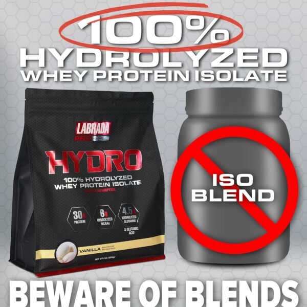 Labrada Hydro 100% Pure Hydrolyzed Whey Protein Isolate Powder, Lactose Free, Glutamine, Fastest Digesting Whey Available, Instant Mixing, Delicious Taste 48 Servings 4lb (Vanilla) - Image 6