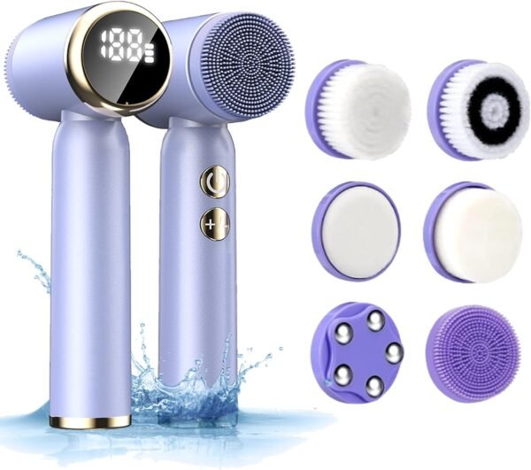 Facial Cleansing Brush, 6 in 1 Electric Face Scrubber with 6 Brush Heads and 3 Spin Speeds for Deep Cleansing, Waterproof Rechargeable Face Brushes for Dry Oily Sensitive Skin (Purple) - Image 2