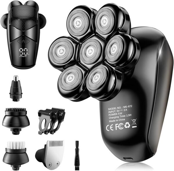 Detachable Head Shavers, SHPAVVER 5 in 1 Electric Razor IPX7 Waterproof for Bald Men, Wet Dry LED Display Rechargeable 7D Rotary Shaver Grooming Kit with Type C Charge A - Image 2