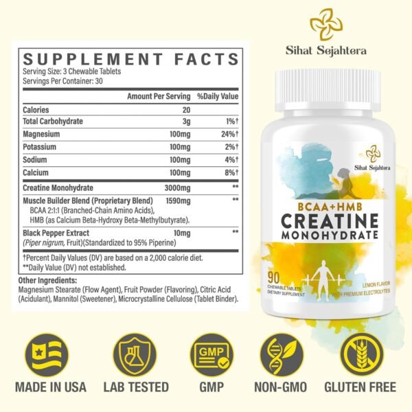 8-in-1 Creatine Monohydrate with BCAA & HMB, 5000 mg for Men & Women, Creatine Chews for Muscle, Recovery, Endurance & Strength, High Absorption, Lemon Flavor, Sugar-Free, 180 Tablets - Image 3