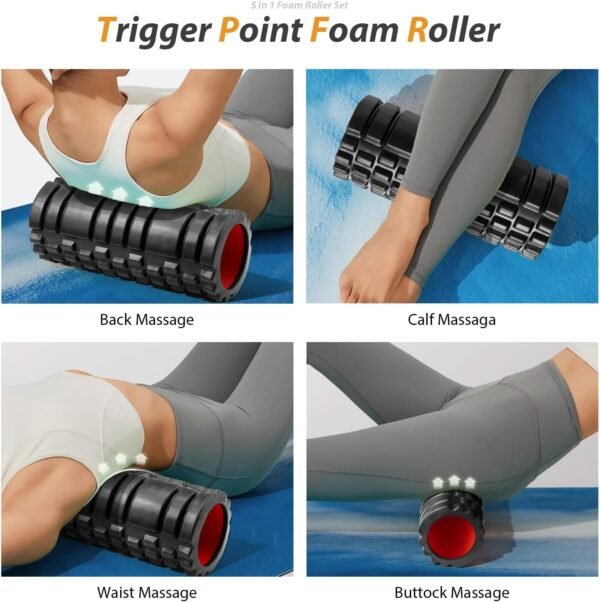 5 in1 Foam Roller Set, Trigger Point Foam Rollers, Massage Roller Stick, Massage Ball, Resistance Band for Deep Muscle Massage Pilates Yoga,Fitness Exercise for Whole Body (Black-Red) - Image 4