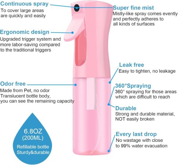Empty Spray bottles, Continuous Spray Bottle for Hair, Spray Water Bottle Fine Mist Refillable, Skin Care, Showering Pets, Plants, travel, Ironing and Cleaning 6.8 Ounce (1 Pack, Pink) - Image 4